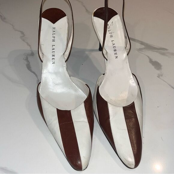 Vintage Ralph Lauren RARE Stripe Brown & White Leather Oxford Slingback Pumps - Picture 5 of 12